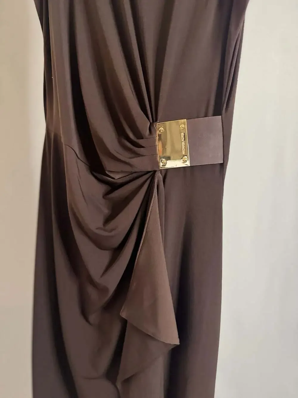 Michael Michael Kors Brown Sleeveless Draped Sheath Dress with Gold Hardware - Picture 4 of 5